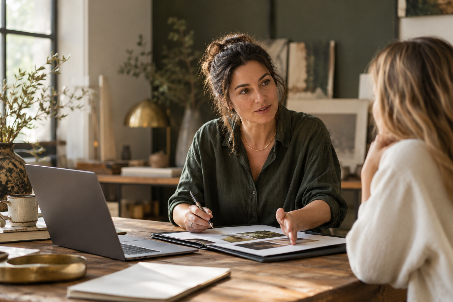 A creator discussing her work with a colleague in a sunlit studio.